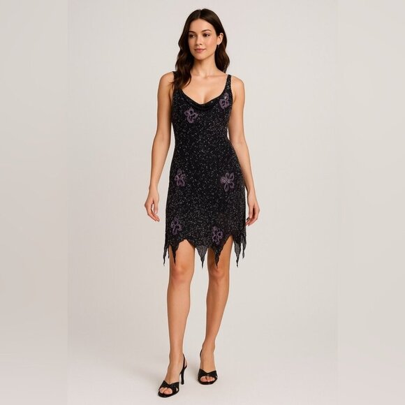 Vintage Black Gothic Y2K Butterfly Sequin Beaded 100% Silk Dress No Sz TAG - Picture 1 of 14